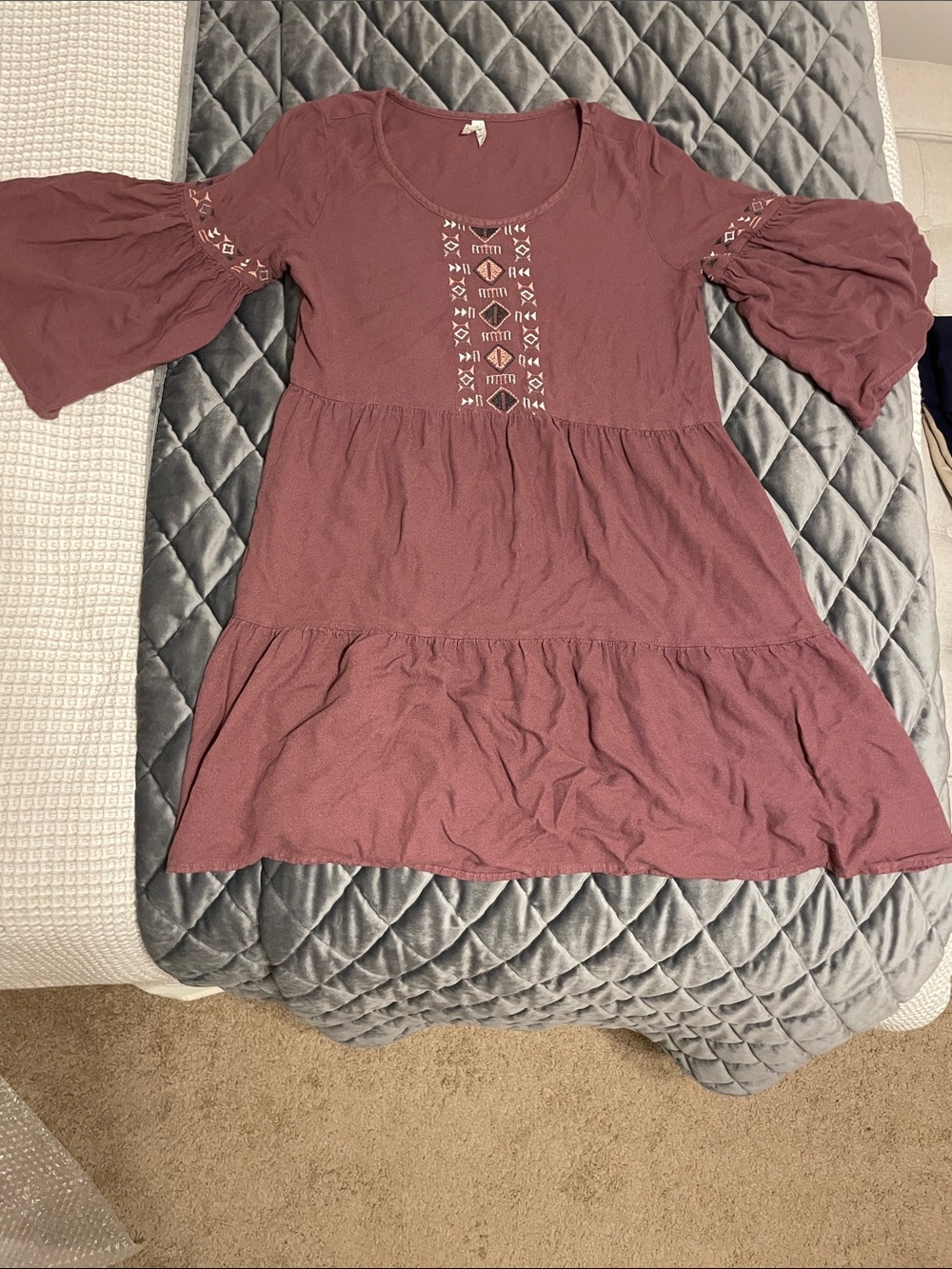 Mudd Dusty Rose Embroidered Tiered Bell-Sleeve Dress